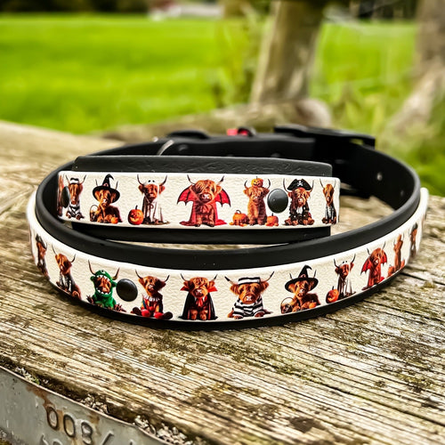 Dog collar with cartoon dog designs on a wooden surface